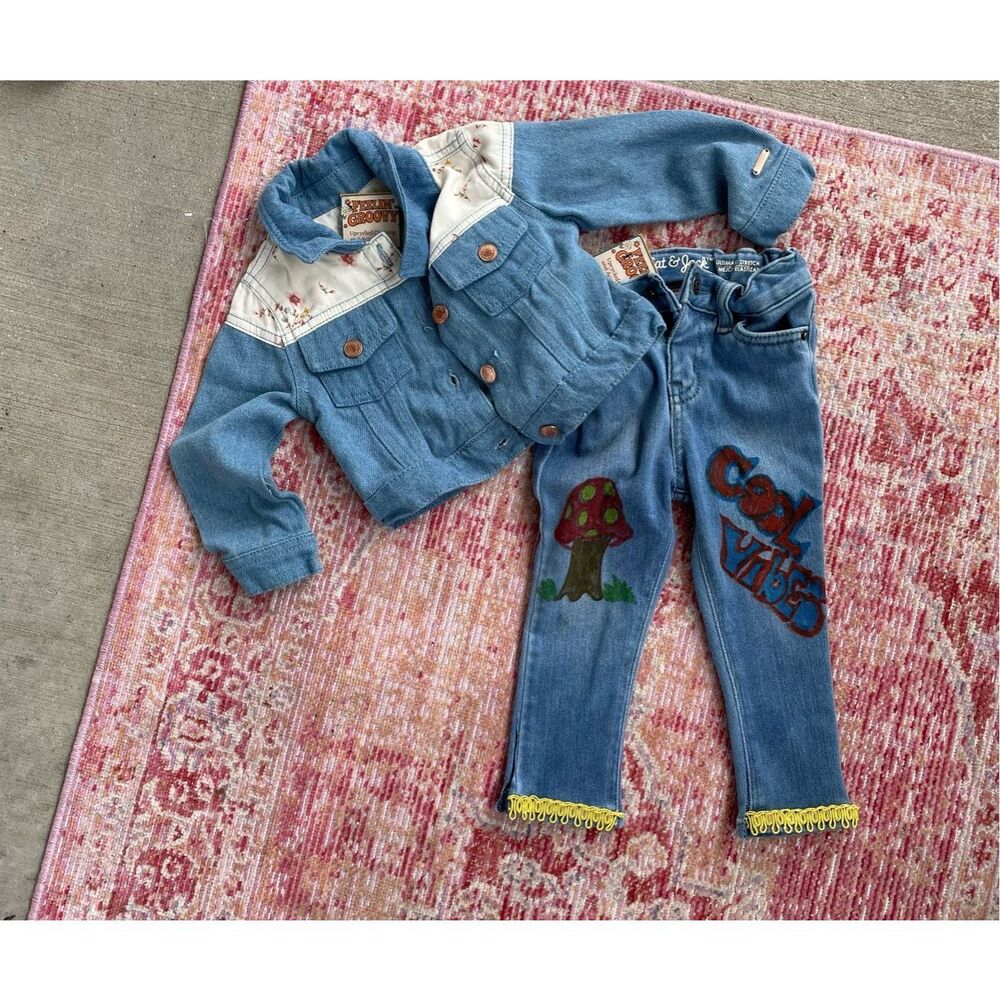 Feelin Groovy Upcycled Denim Jean Outfit Jacket 18m
